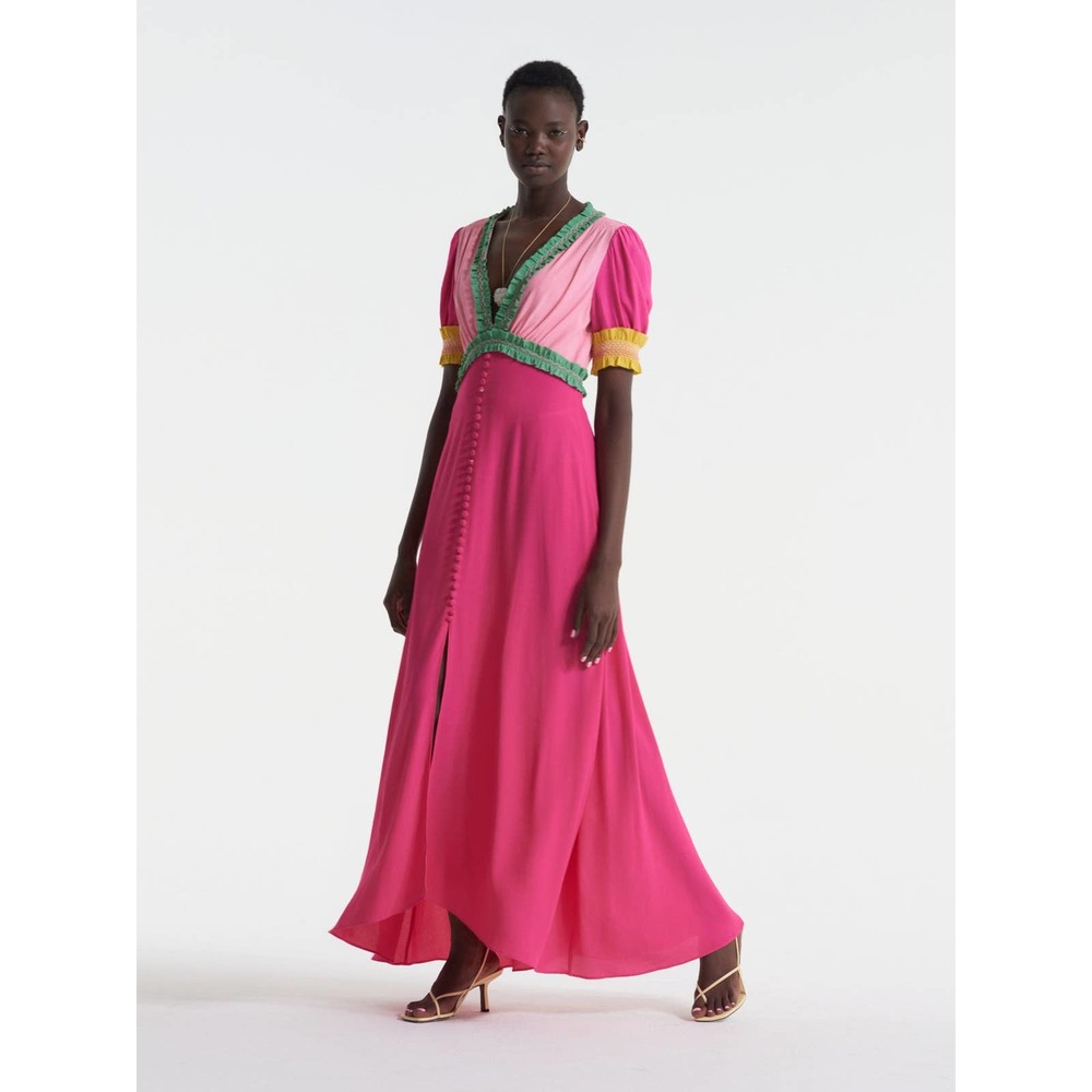 SALONI Pink and Fuchsia Maxi Dress with Green Trim Lea Dress